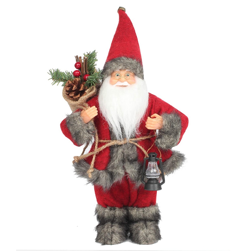 14 pulgadas de pie Santa Claus Ornamento Estatuilla de la decoración con la lámpara de aceite y el cono de pino en la bolsa Festival de vacaciones de Navidad