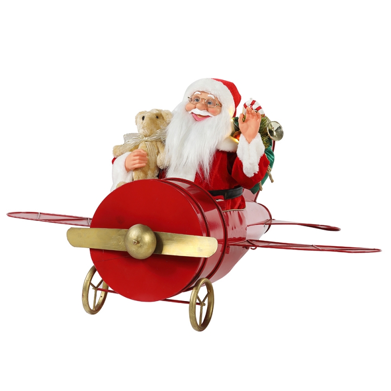 80 cm Navidad Musical Animado Santa Claus Sentado Avión Rojo Decoración Figurine Classic Holiday Ornament Regalos Colección